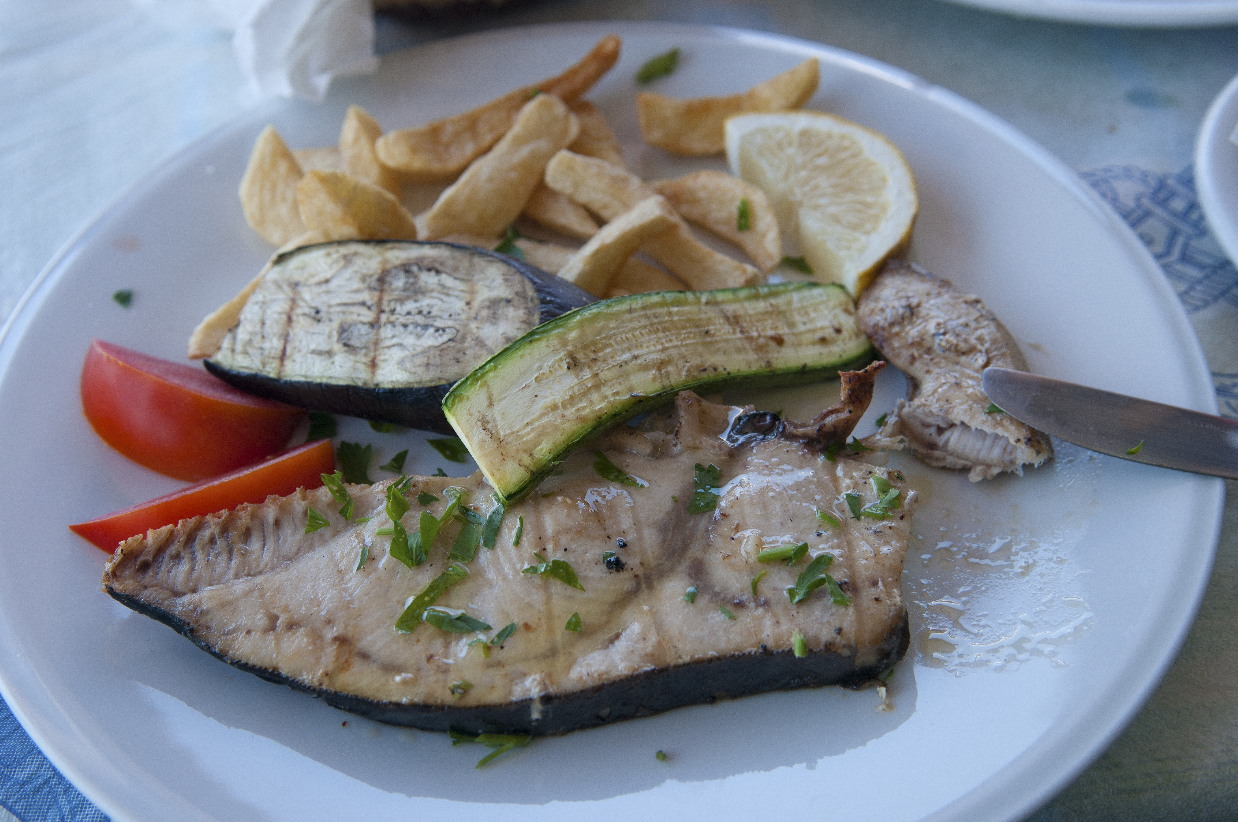 Swordfish lunch with vegetables set in Limnionas, Kos, Greece